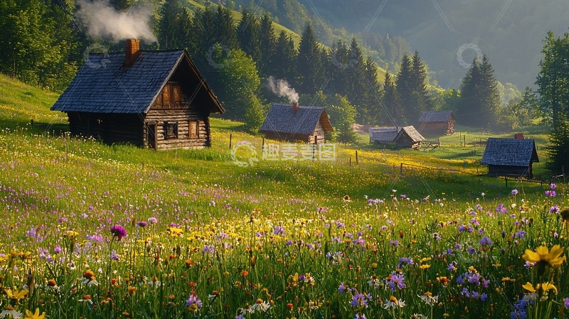 高清大图下载【趣麦麦图】山间木屋花海田园