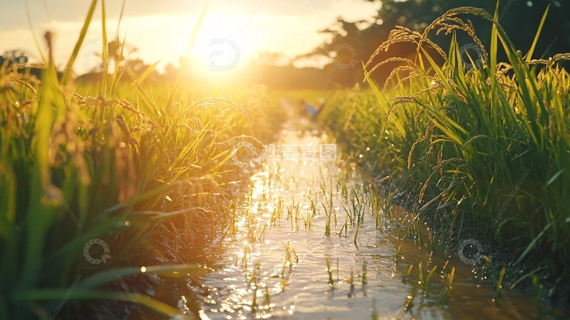 高清大图下载【趣麦麦图】夕阳下的稻田水渠