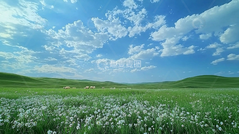 高清大图下载【趣麦麦图】蓝天白云下的绿色草原