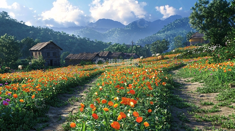 高清大图下载【趣麦麦图】山间田园村庄鲜花盛开
