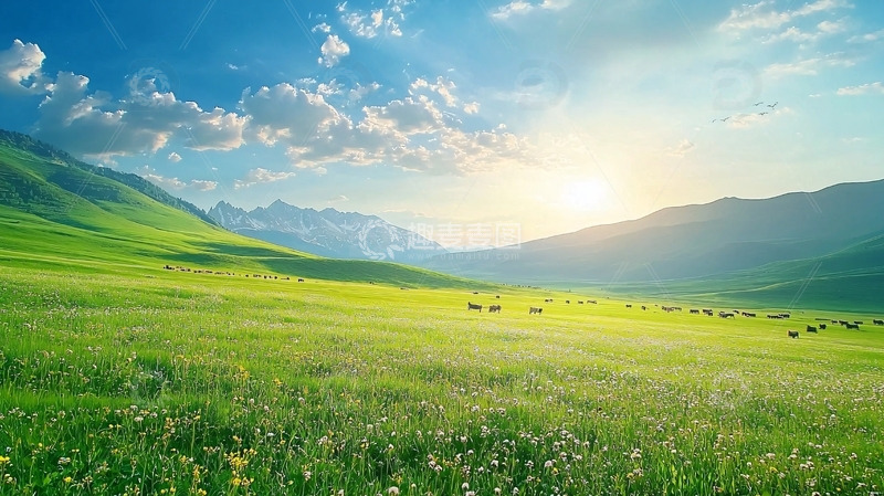 高清大图下载【趣麦麦图】阳光普照下的绿地牧场