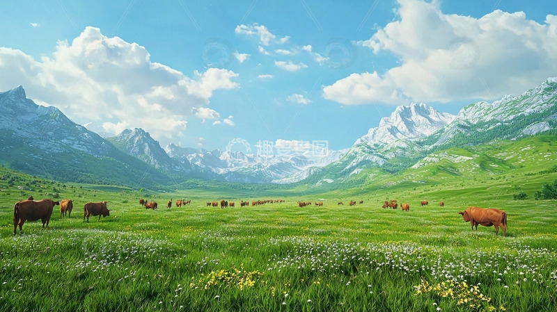 高清大图下载【趣麦麦图】山脉间绿地上的牛群