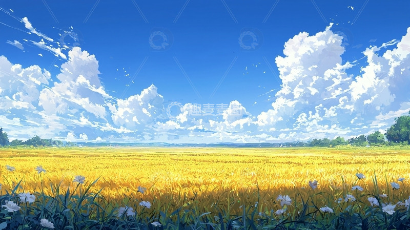 高清大图下载【趣麦麦图】晴朗天空下的金黄麦田