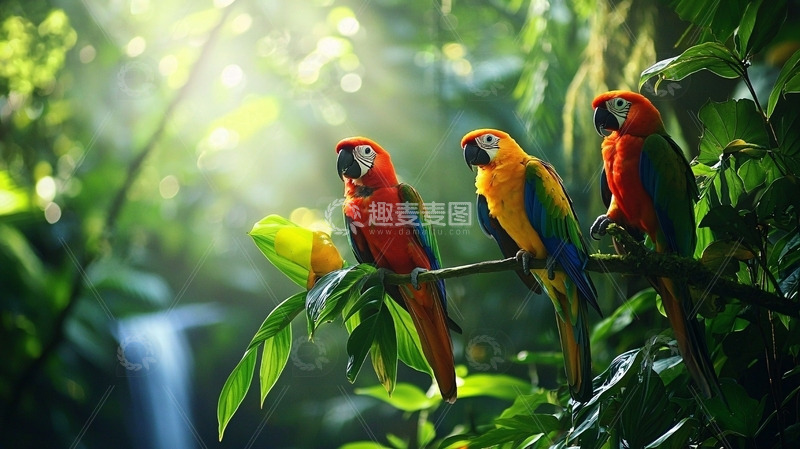 高清大图下载【趣麦麦图】热带雨林鹦鹉栖息
