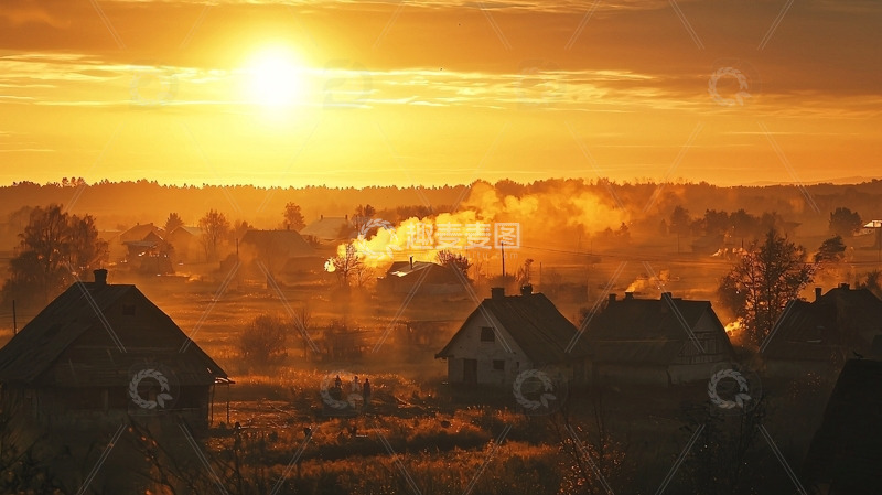 高清大图下载【趣麦麦图】日出村庄景色