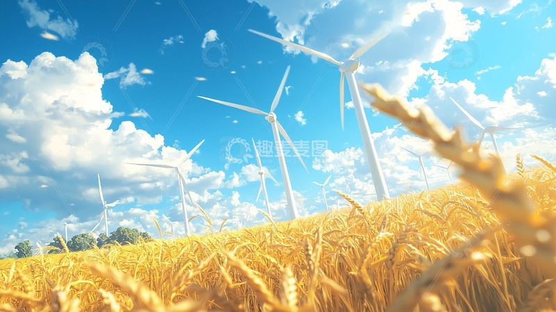 高清大图下载【趣麦麦图】风力发电机麦田蓝天白云
