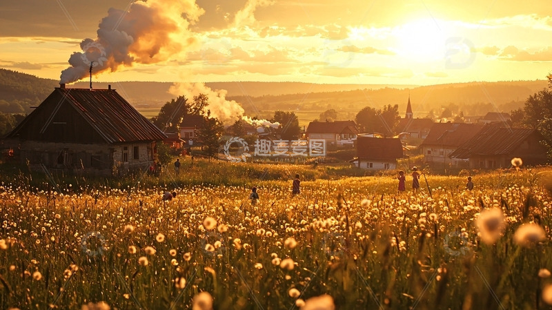 高清大图下载【趣麦麦图】夕阳下的村庄