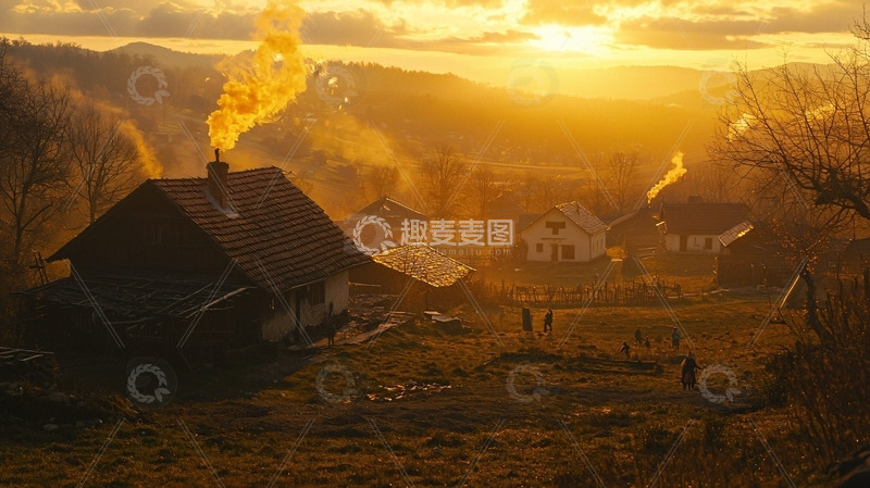 高清大图下载【趣麦麦图】夕阳下的乡村小屋