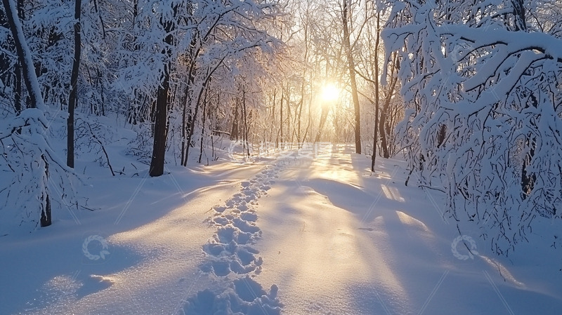 高清大图下载【趣麦麦图】雪地小路日出