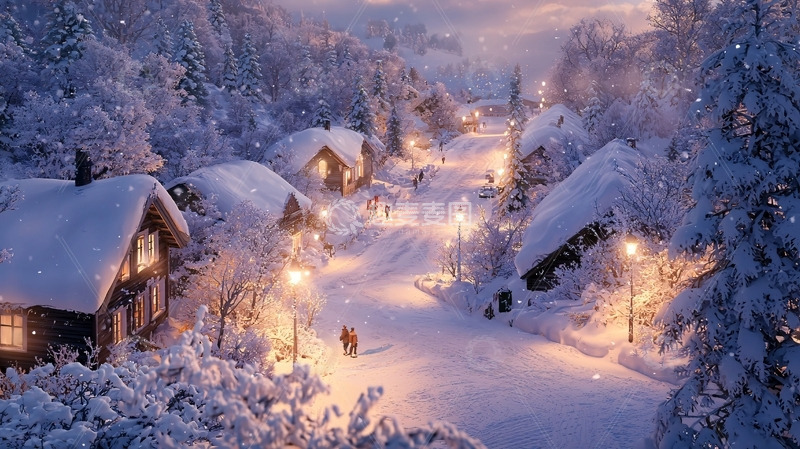 高清大图下载【趣麦麦图】雪夜里的童话村庄