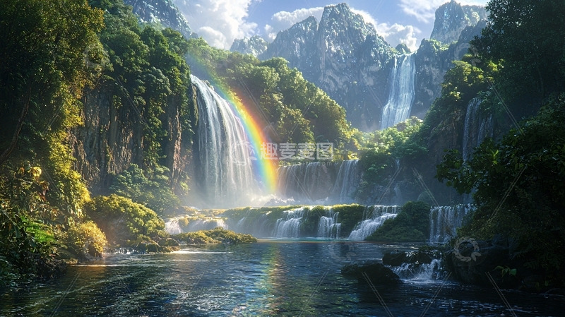 高清大图下载【趣麦麦图】梦幻瀑布彩虹山谷