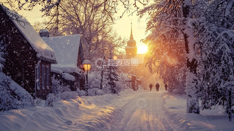 高清大图下载【趣麦麦图】冬日雪景小镇日落