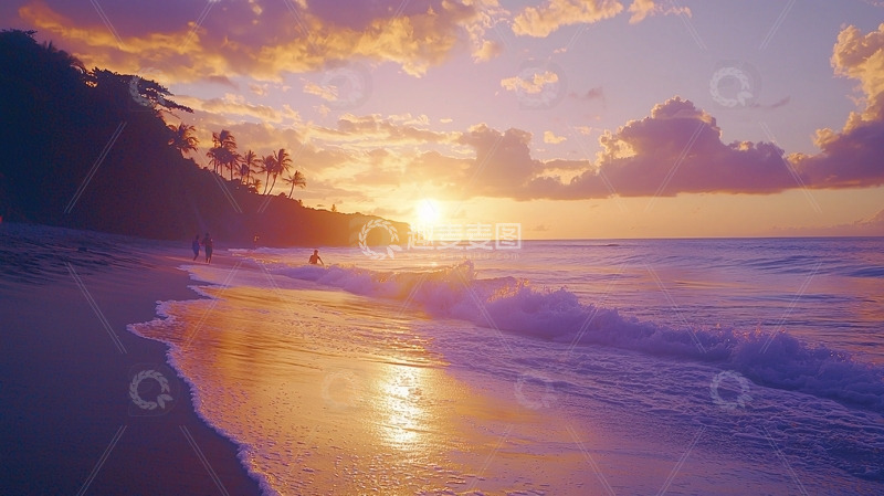 高清大图下载【趣麦麦图】海滩日落剪影