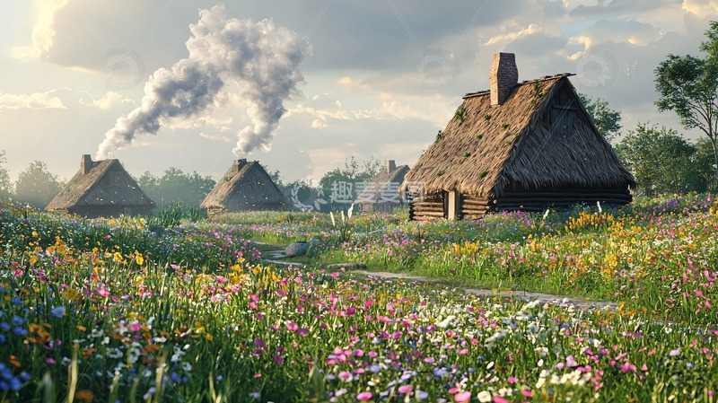 高清大图下载【趣麦麦图】乡间小屋炊烟袅袅