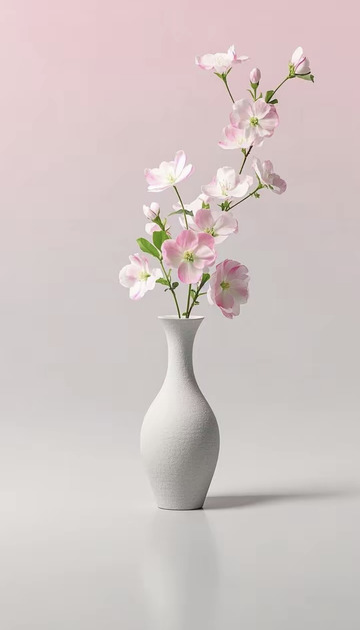 大量留白的背景突出花瓶和花束的干净