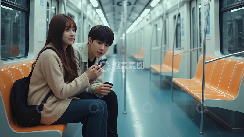 高清大图下载【趣麦麦图】青年情侣坐地铁人像摄影图