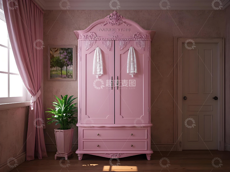 高清大图下载【趣麦麦图】粉色复古雕花布帘衣柜