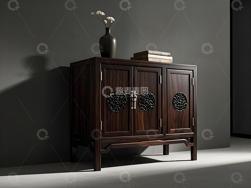 高清大图下载【趣麦麦图】深棕色中式实木雕花鞋柜