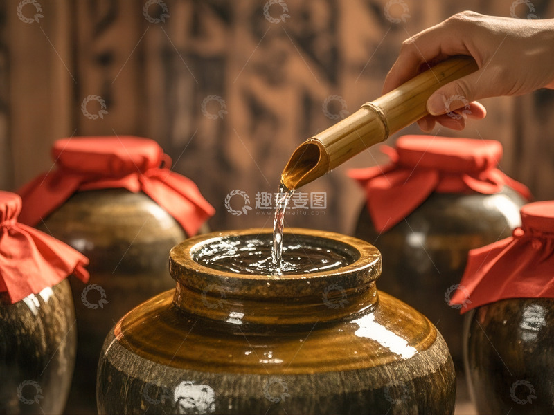 高清大图下载【趣麦麦图】手用竹筒往酒坛中倒酒的场景