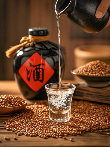 从酒坛往玻璃杯倒酒的温馨画面