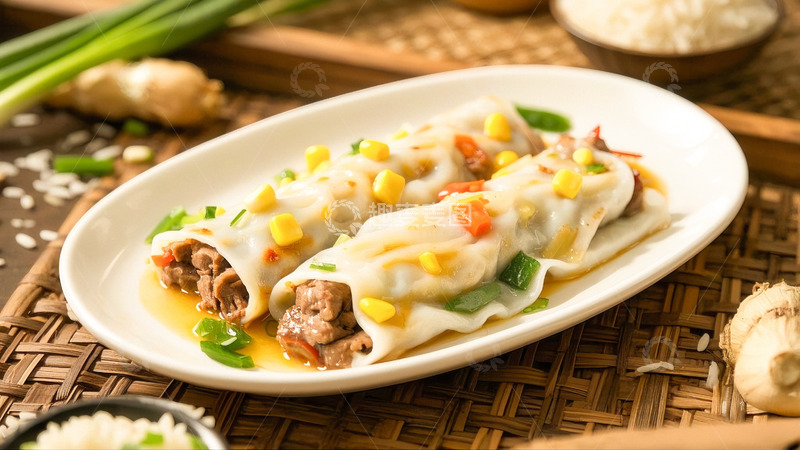 高清大图下载【趣麦麦图】竹编盘上的玉米肉馅鲜香肠粉