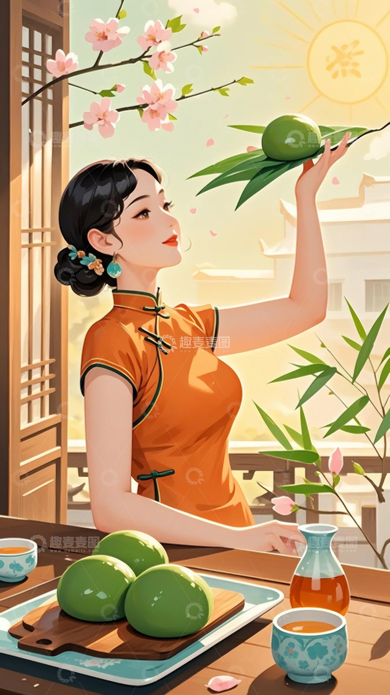 高清大图下载【趣麦麦图】清明 青团   旗袍 女生5