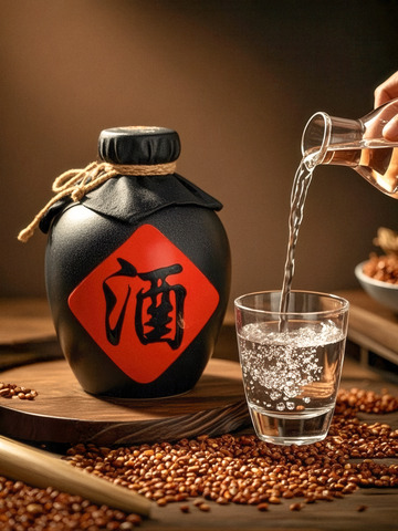 往玻璃杯倒酒的传统酒坛场景