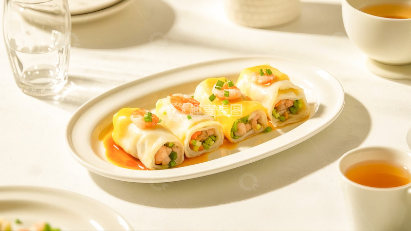 高清大图下载【趣麦麦图】白盘里精致的虾仁鸡蛋肠粉卷