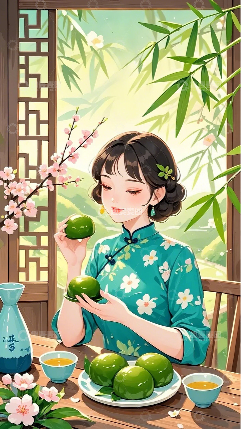 高清大图下载【趣麦麦图】清明 青团   旗袍 女生2