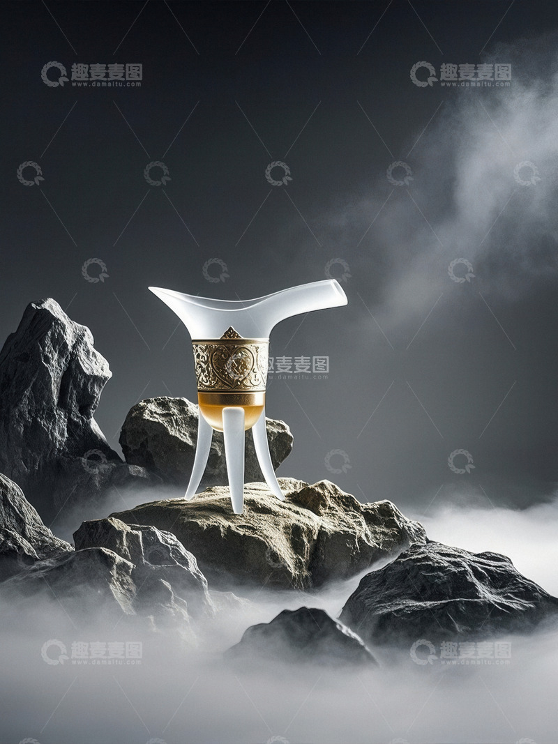 高清大图下载【趣麦麦图】云雾岩石间的精美独特古代酒器