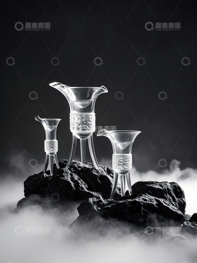 高清大图下载【趣麦麦图】云雾缭绕中岩石上的透明酒具组