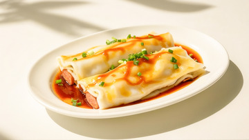 盘中诱人的酱汁鲜肉肠粉