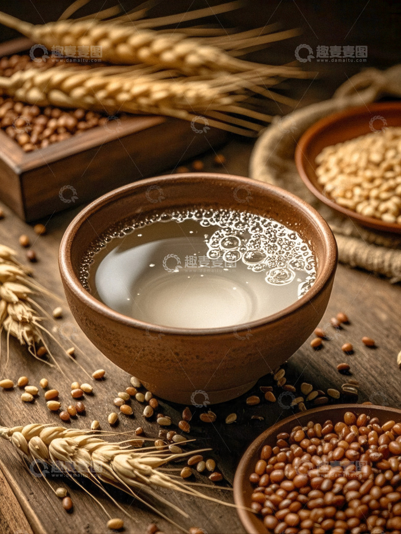 高清大图下载【趣麦麦图】木桌上碗中液体与散落谷物