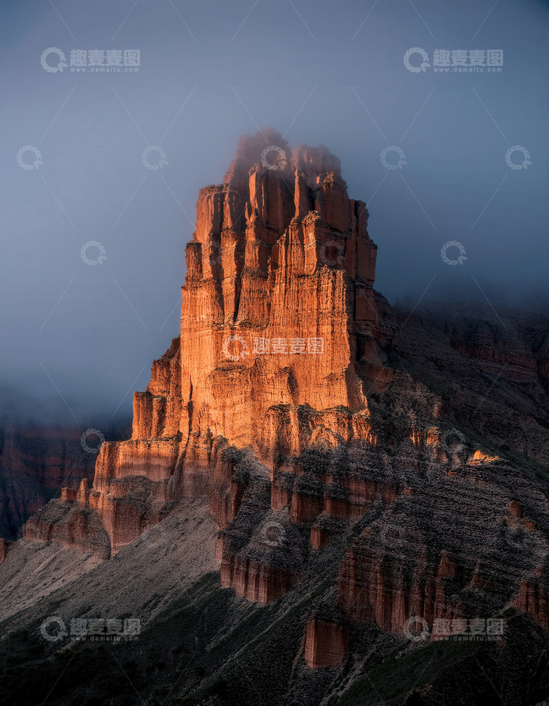 高清大图下载【趣麦麦图】云雾中闪耀的壮丽红色岩峰
