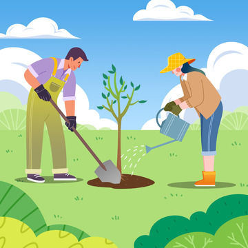 扁平手绘植树节种树铲土浇水户外绿色插画