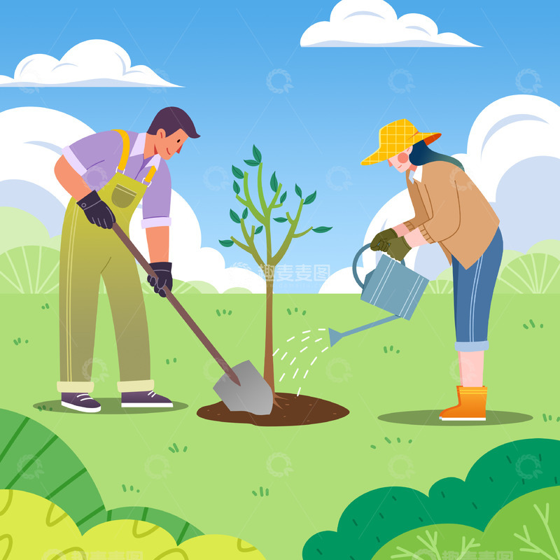 源文件下载【趣麦麦图】扁平手绘植树节种树铲土浇水户外绿色插画