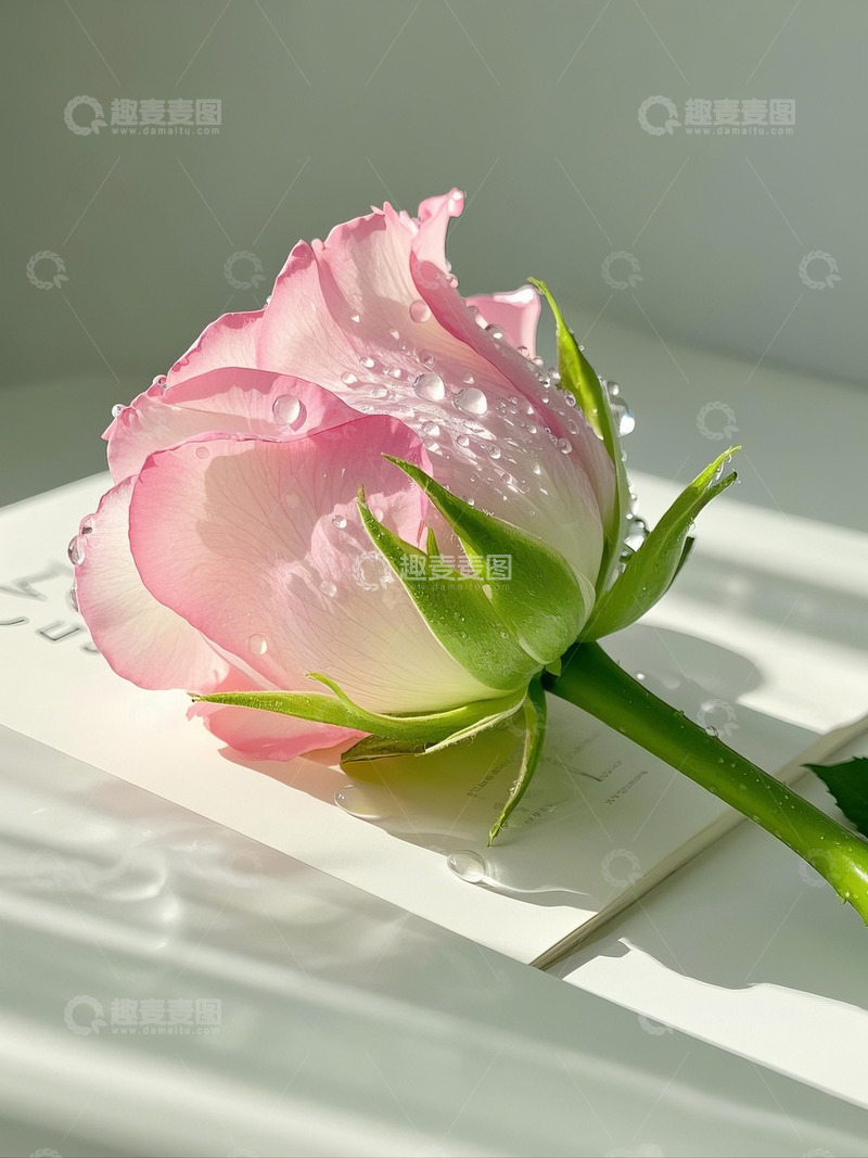 高清大图下载【趣麦麦图】书籍上的一支挂着露珠的粉色玫瑰花