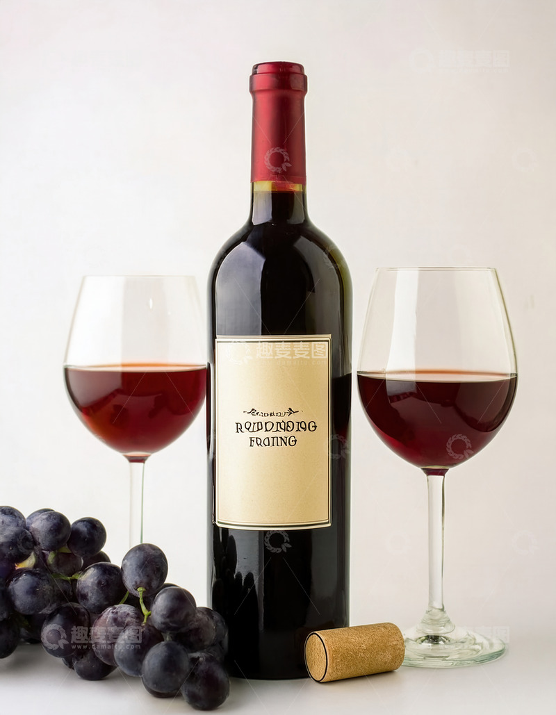 高清大图下载【趣麦麦图】白背景下红酒瓶、酒杯与葡萄组合