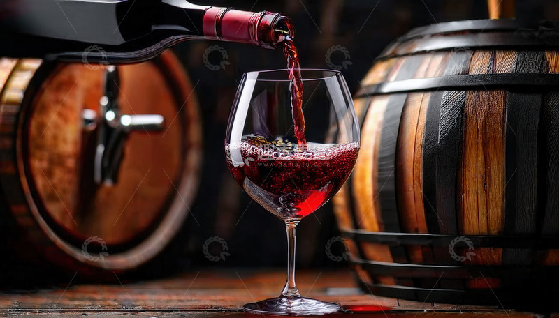 高清大图下载【趣麦麦图】往木桌高脚杯倒红酒的酒桶背景图