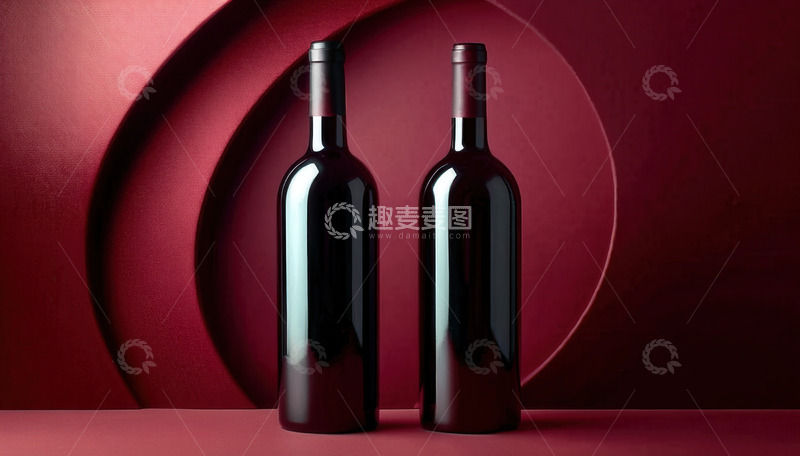 高清大图下载【趣麦麦图】红色背景前并立的两瓶深色葡萄酒