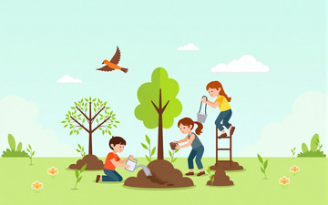 三个小朋友在植树