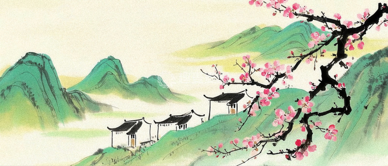 高清大图下载【趣麦麦图】青山云雾中绽花相伴的古雅民居