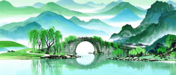 青山碧水间柳拂古桥的秀丽景致