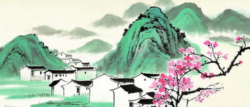 青山下粉花傍村舍的诗意山水景