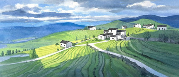 绿坡上散落着房屋的宁静乡村景