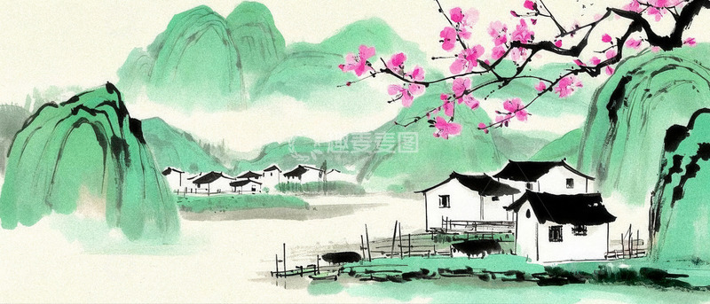 高清大图下载【趣麦麦图】青山绿水间繁花点缀的宁静村落