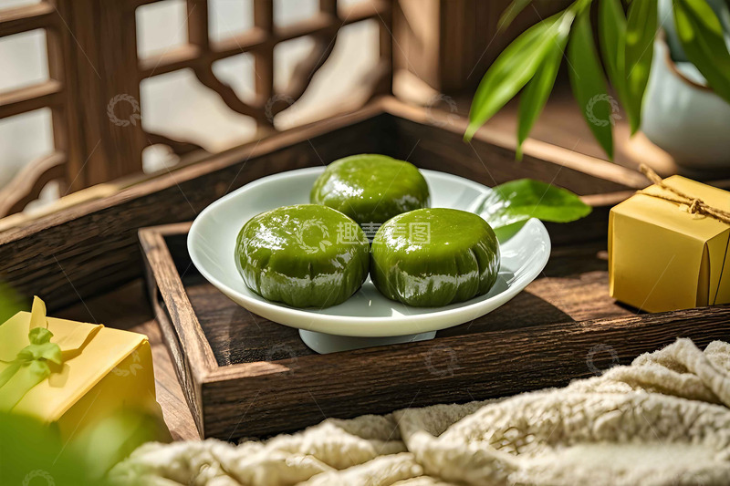 高清大图下载【趣麦麦图】木盘上的美味青团1