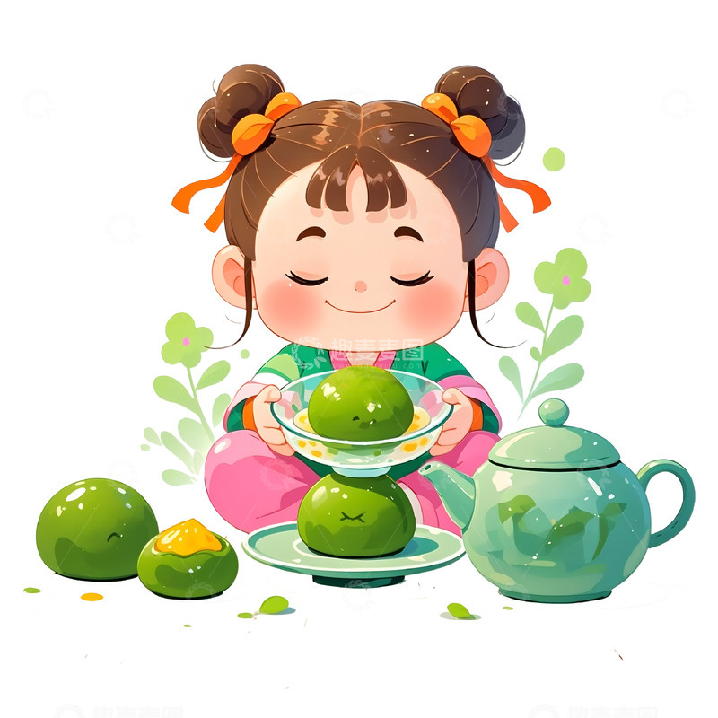 高清大图下载【趣麦麦图】清明节吃青团的可爱女孩插画