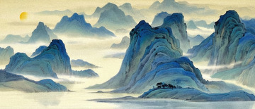 月色下云雾缭绕的雄浑山脉图