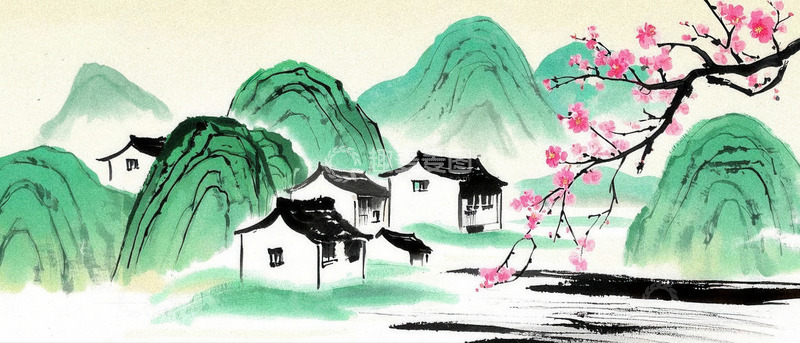 高清大图下载【趣麦麦图】青山繁花下错落有致的水墨村舍